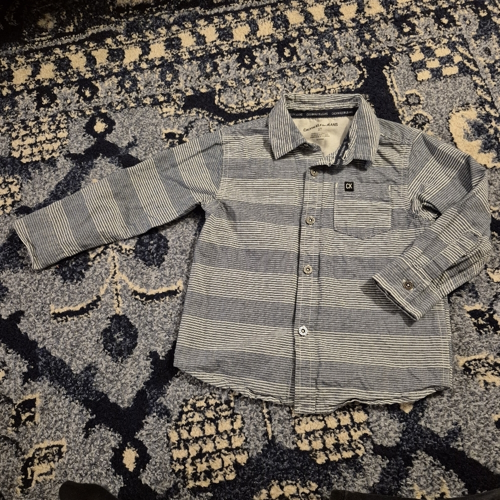 Calvin Klein Boy's Blue Horizontal Striped Long Sleeve Button Down Shirt Size 3T